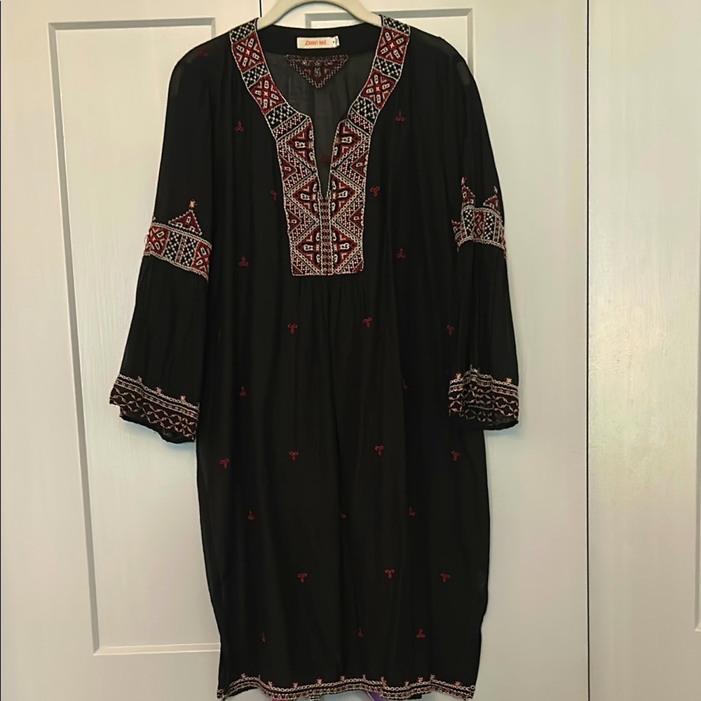 Johnny Was Bohemian Black Dress with Red, Pink, White Embroidery